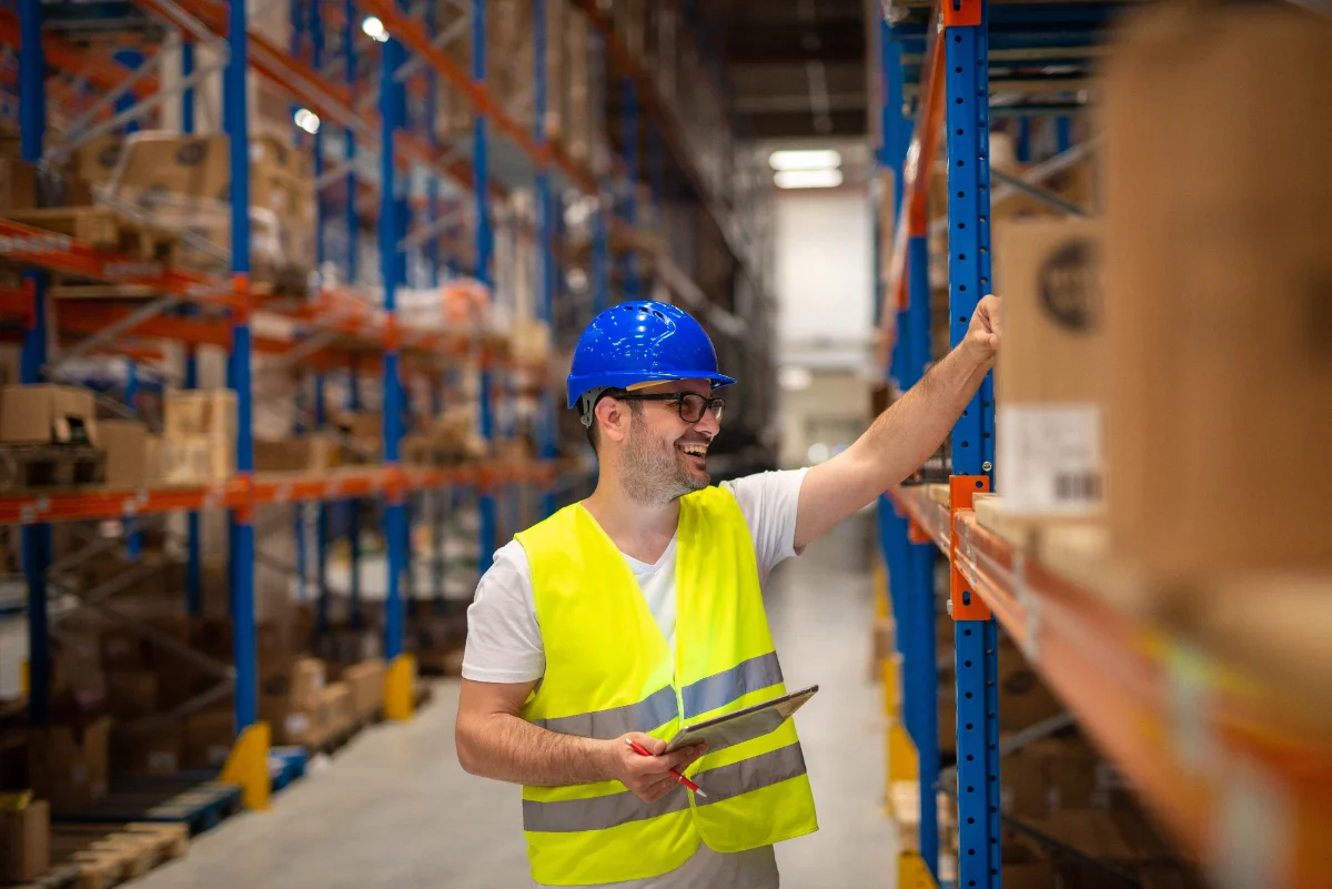 Warehouse worker with a clipboard checking stock in a racking aisle