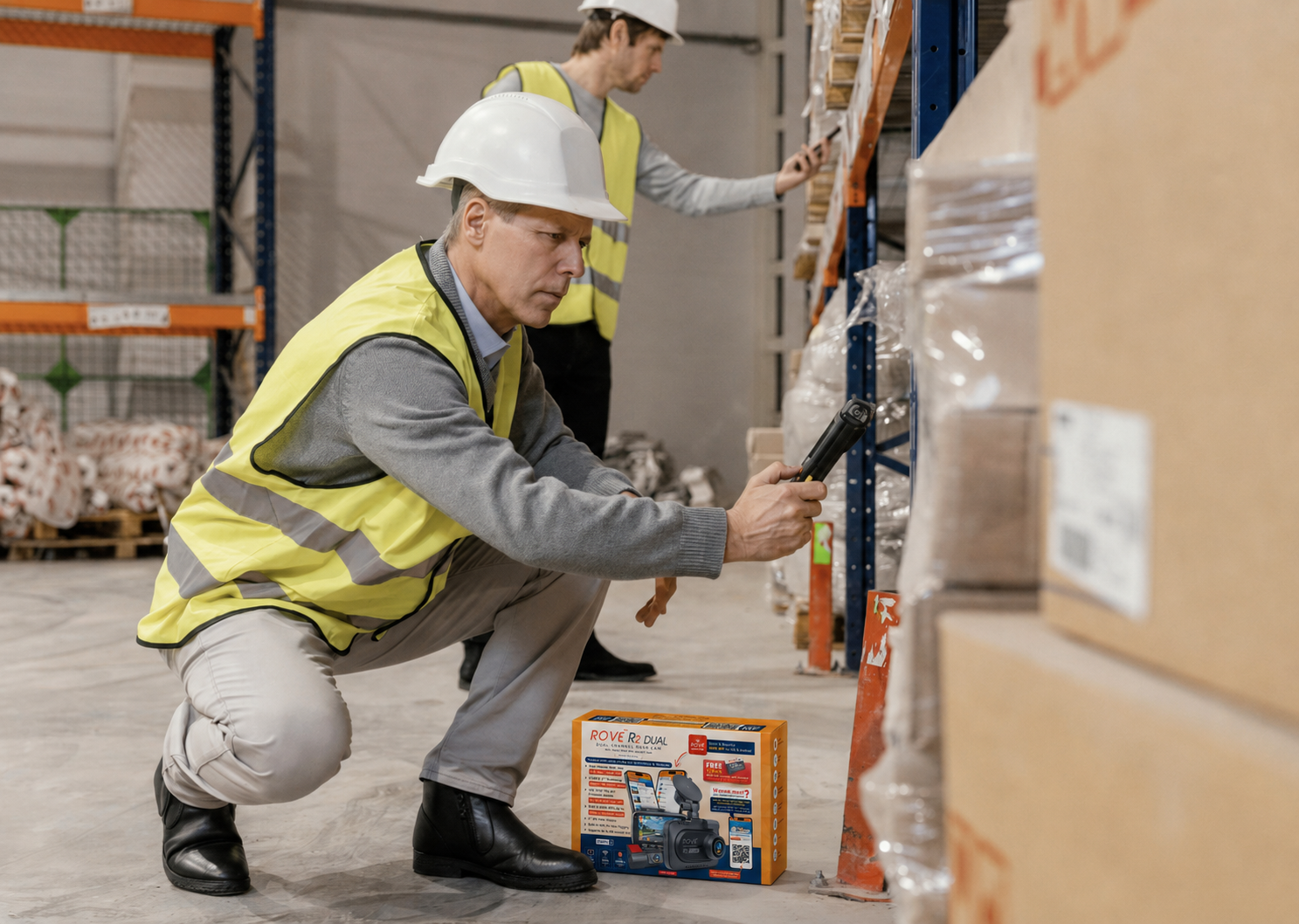 Warehouse inspector scanning a returned Rove R2 Dual dash cam in the inspection bay